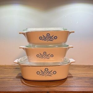 Vintage CorningWare Cream Casserole Set of 3 with Blue Floral Design